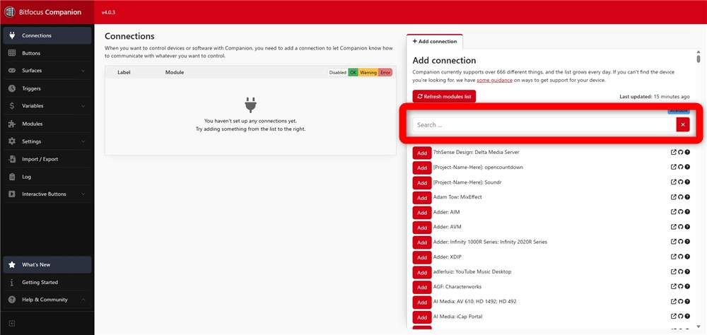 obs websocket CompanionでOBSを選択