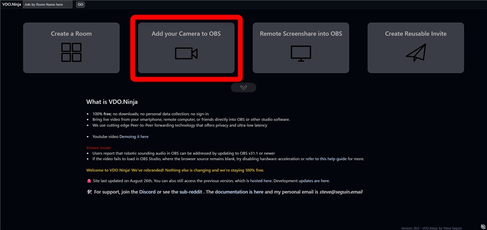obs ninja 「Add your Camera to OBS」を選択