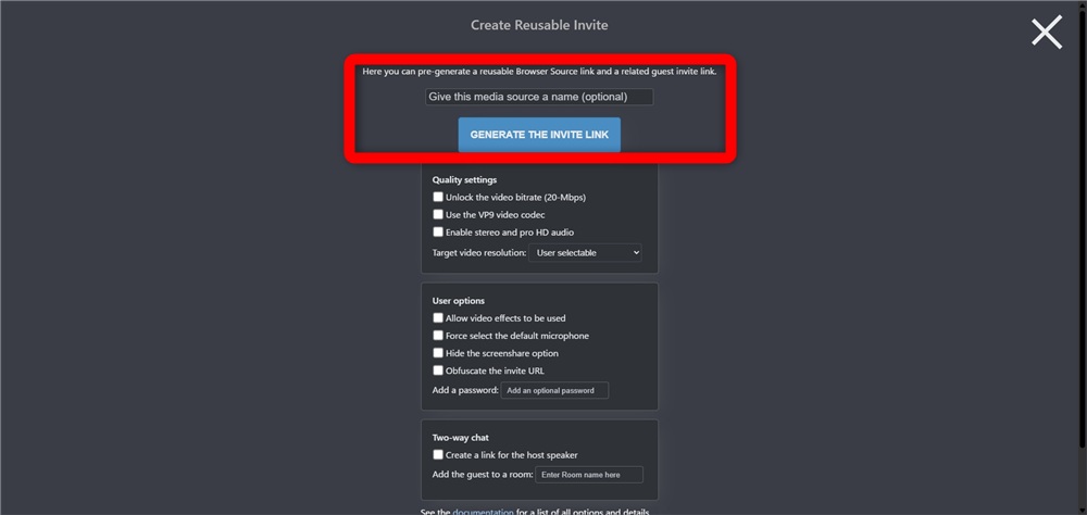 obs ninja 「GENERATE THE INVITE LINK」をクリック
