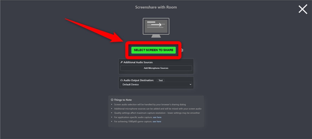 obs ninja 「SELECT SCREEN TO SHARE」をクリック