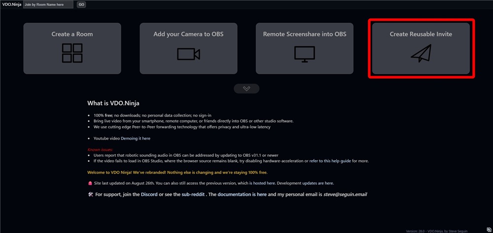 obs ninja 「Create Reusable Invite」をクリック