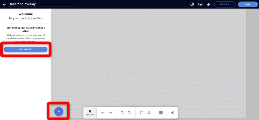 ツイッチ コメント 流す　「ADD WIDGET」または「＋」をクリック