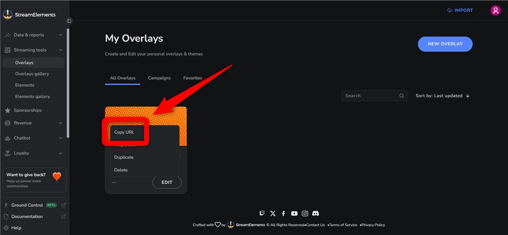 ツイッチ コメント 流す　「Copy URL」をクリック