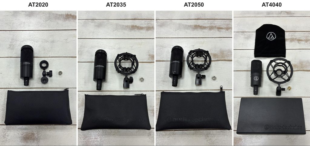 AT2020・AT2035・AT2050・AT4040の付属品を機種ごとに並べた写真