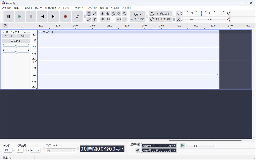 無音30秒を録音した波形。ほぼ一直線でノイズはごくわずか