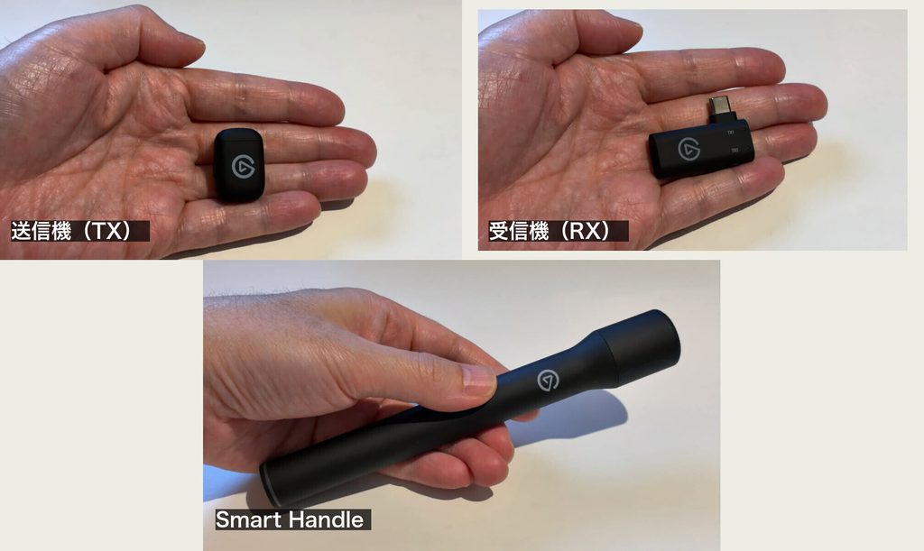 手のひらに載せたElgato Wave Goの送信機・受信機・Smart Handle